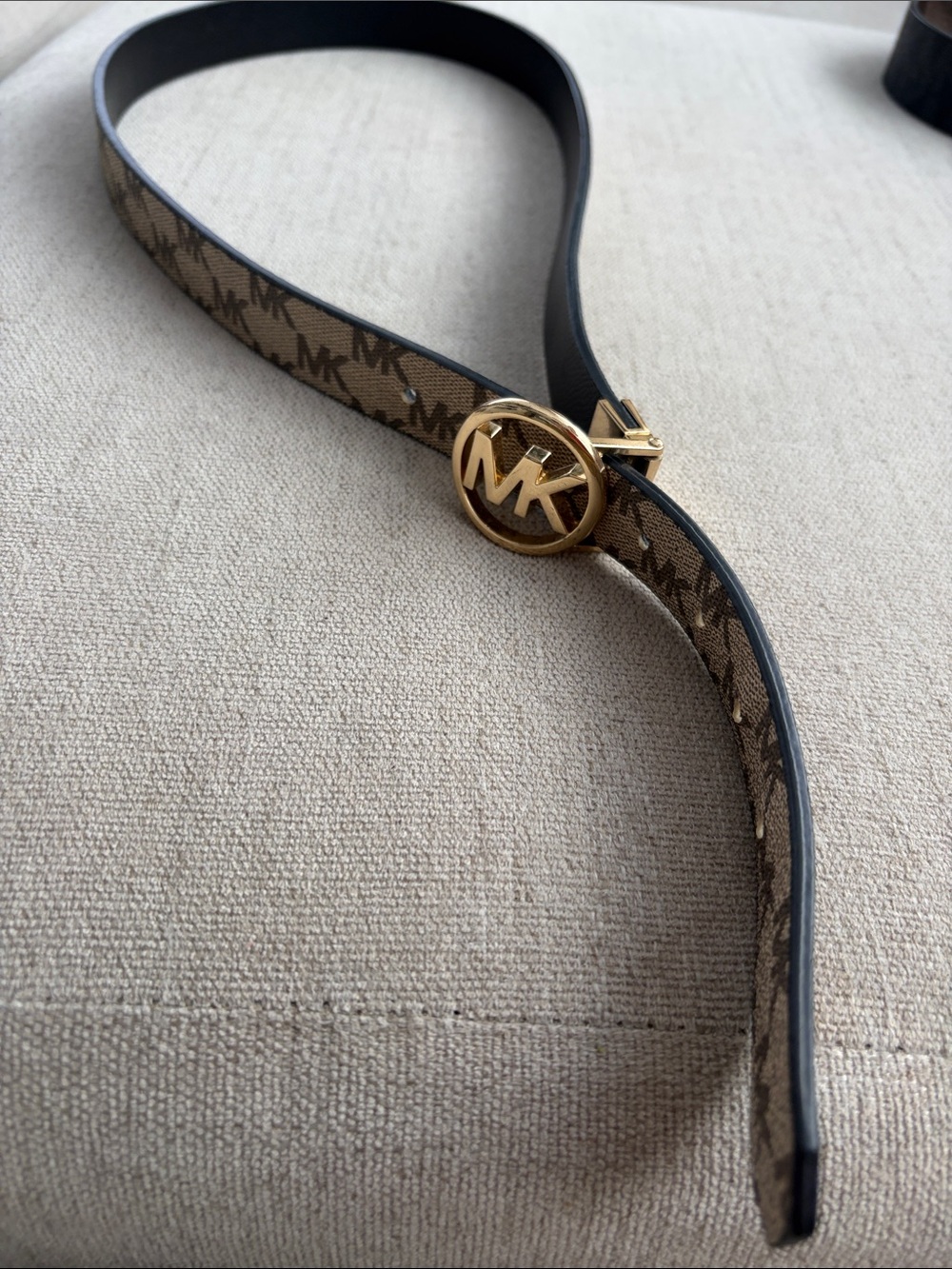 Michael Kors Brown Logo Signature Leather Belt with Gold MK Buckle reversible